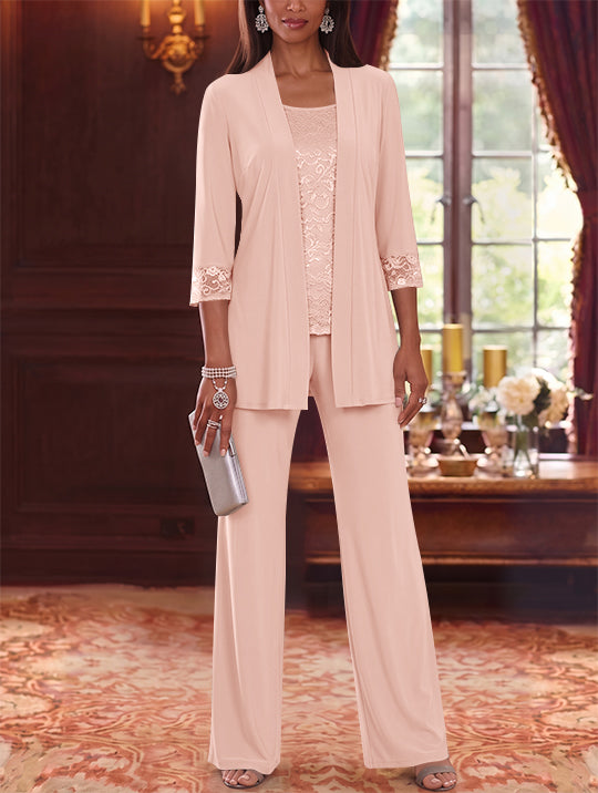 3 Pieces Scoop Chiffon Mother of the Bride Pantsuits with Jacket Lace 3/4 Sleeves Floor-Length