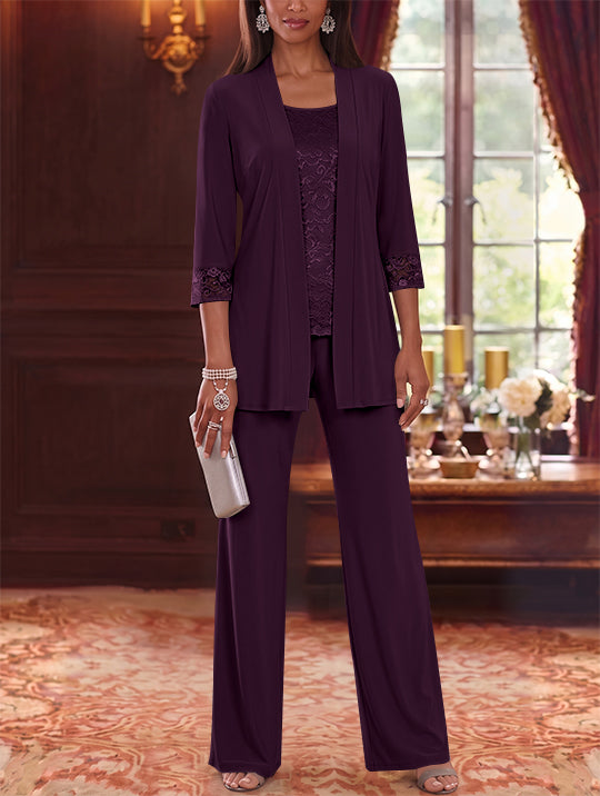3 Pieces Scoop Chiffon Mother of the Bride Pantsuits with Jacket Lace 3/4 Sleeves Floor-Length