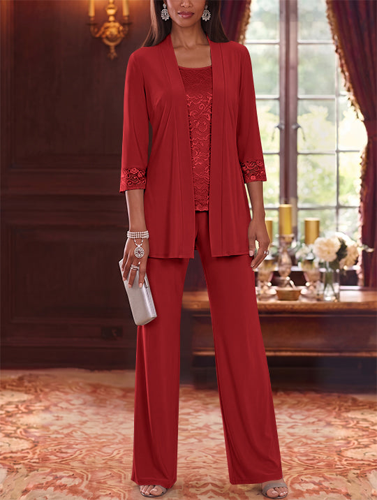 3 Pieces Scoop Chiffon Mother of the Bride Pantsuits with Jacket Lace 3/4 Sleeves Floor-Length