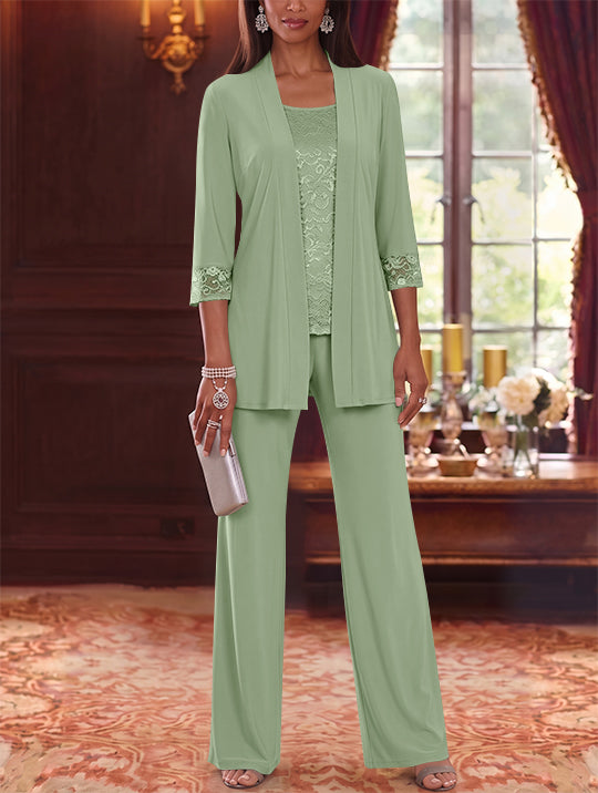 3 Pieces Scoop Chiffon Mother of the Bride Pantsuits with Jacket Lace 3/4 Sleeves Floor-Length