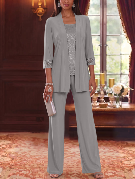 3 Pieces Scoop Chiffon Mother of the Bride Pantsuits with Jacket Lace 3/4 Sleeves Floor-Length