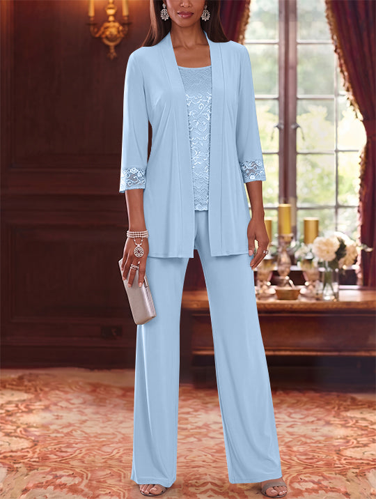 3 Pieces Scoop Chiffon Mother of the Bride Pantsuits with Jacket Lace 3/4 Sleeves Floor-Length