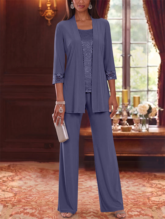 3 Pieces Scoop Chiffon Mother of the Bride Pantsuits with Jacket Lace 3/4 Sleeves Floor-Length