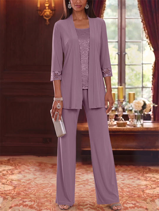 3 Pieces Scoop Chiffon Mother of the Bride Pantsuits with Jacket Lace 3/4 Sleeves Floor-Length