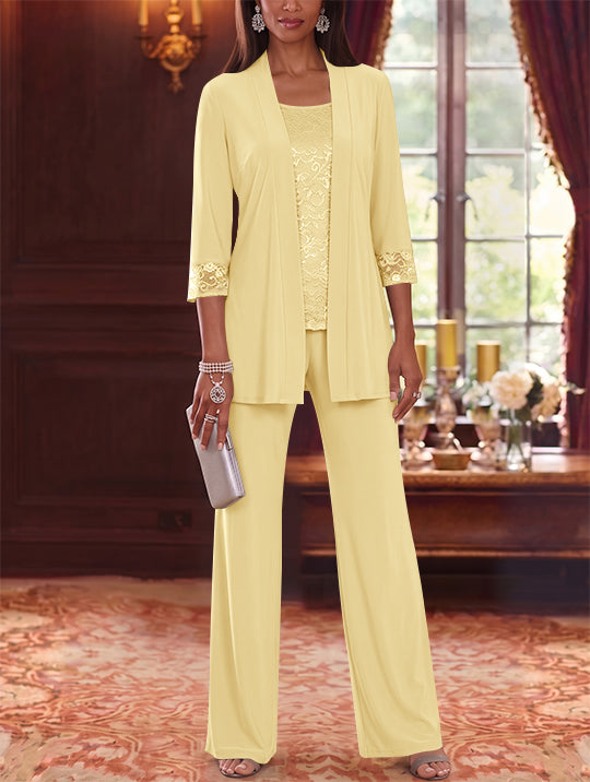 3 Pieces Scoop Chiffon Mother of the Bride Pantsuits with Jacket Lace 3/4 Sleeves Floor-Length