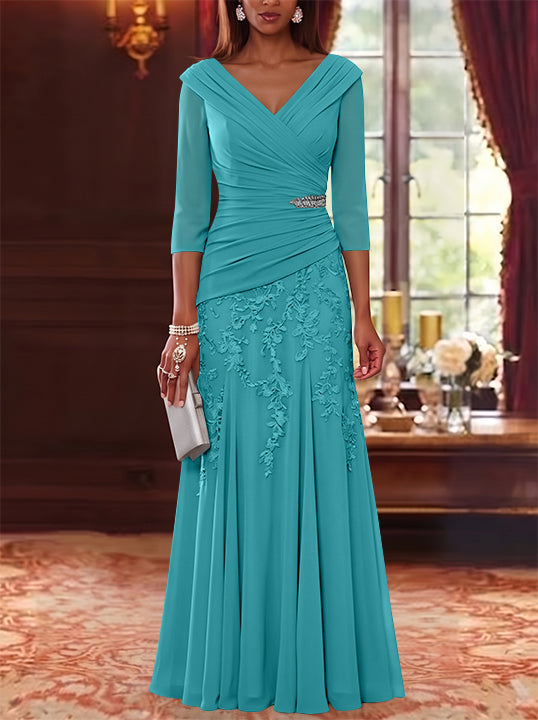 A-Line/Princess V-Neck Chiffon Mother of the Bride Dresses Lace 3/4 Sleeves Floor-Length Ruched