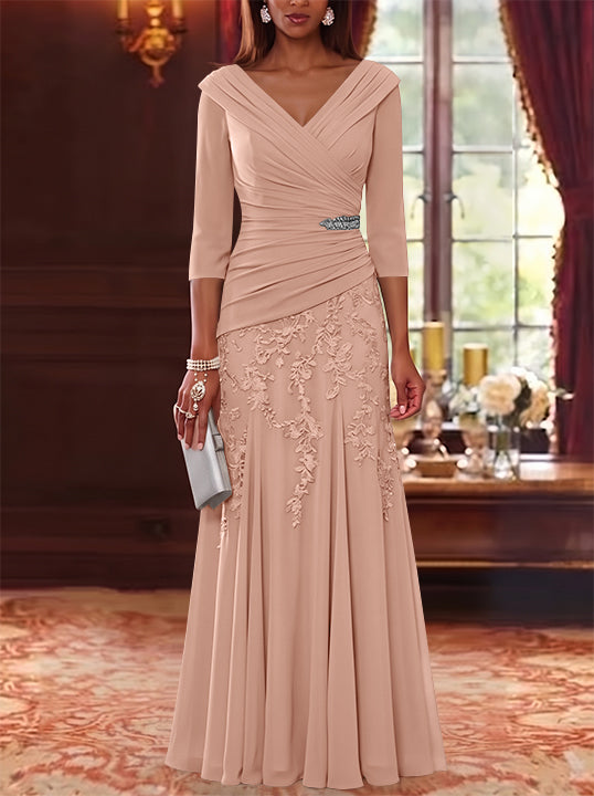 A-Line/Princess V-Neck Chiffon Mother of the Bride Dresses Lace 3/4 Sleeves Floor-Length Ruched