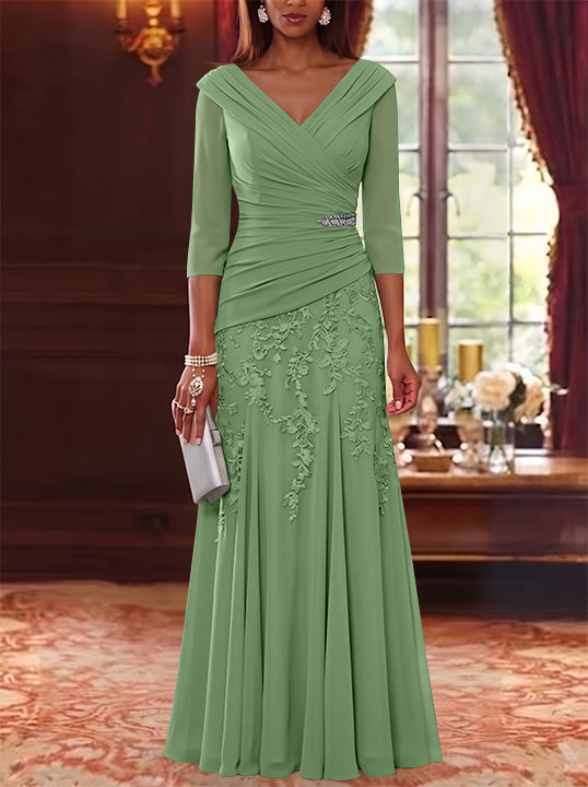 A-Line/Princess V-Neck Chiffon Mother of the Bride Dresses Lace 3/4 Sleeves Floor-Length Ruched