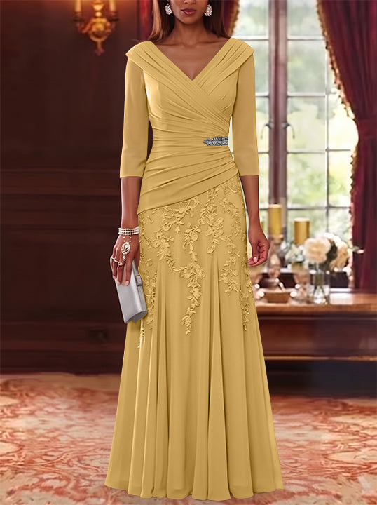 A-Line/Princess V-Neck Chiffon Mother of the Bride Dresses Lace 3/4 Sleeves Floor-Length Ruched