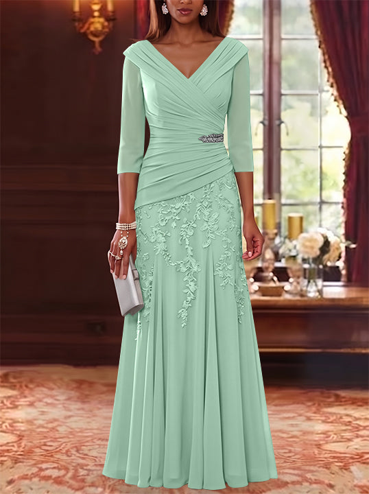 A-Line/Princess V-Neck Chiffon Mother of the Bride Dresses Lace 3/4 Sleeves Floor-Length Ruched