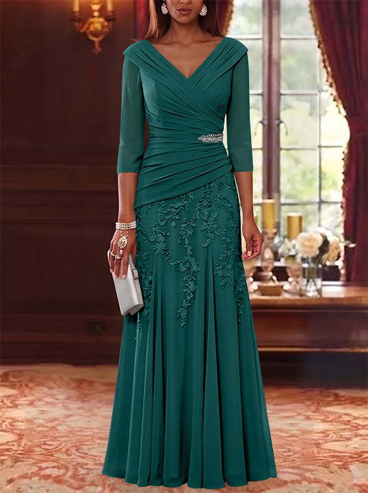 A-Line/Princess V-Neck Chiffon Mother of the Bride Dresses Lace 3/4 Sleeves Floor-Length Ruched