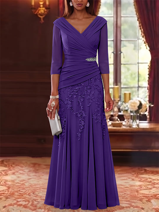 A-Line/Princess V-Neck Chiffon Mother of the Bride Dresses Lace 3/4 Sleeves Floor-Length Ruched
