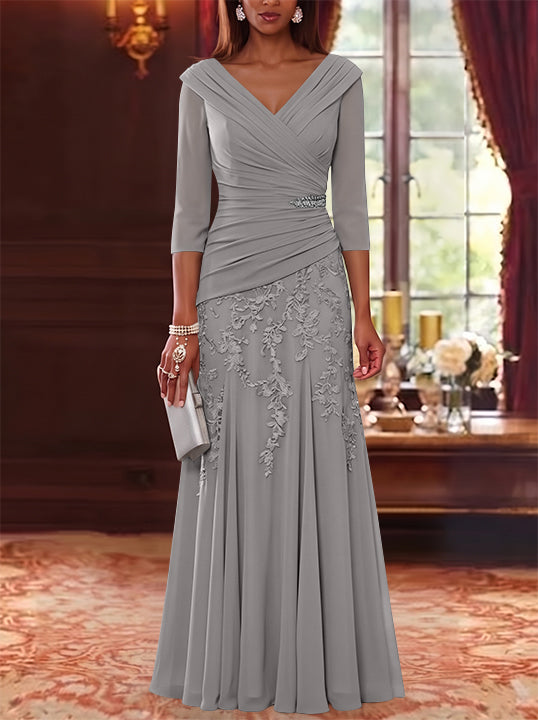 A-Line/Princess V-Neck Chiffon Mother of the Bride Dresses Lace 3/4 Sleeves Floor-Length Ruched