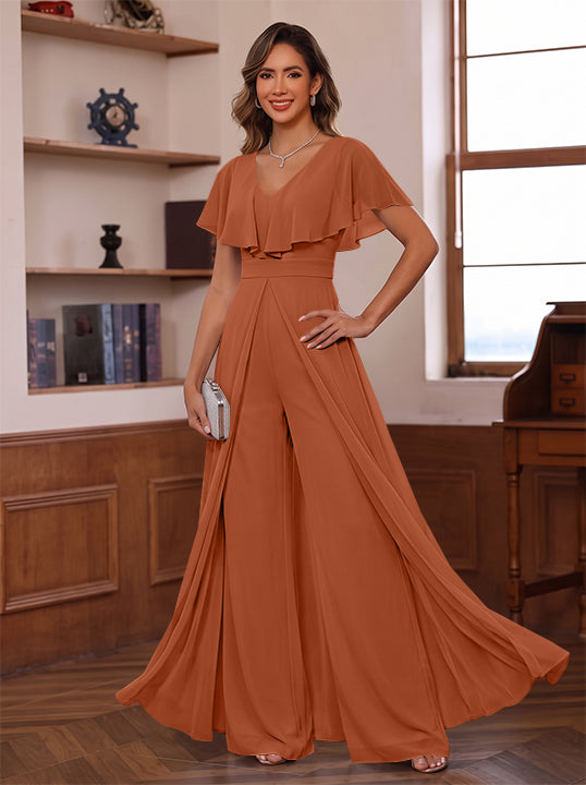 Jumpsuit V-Neck Chiffon Mother of the Bride Pantsuits with Overskirt Ruffles Floor-Length Short Sleeves