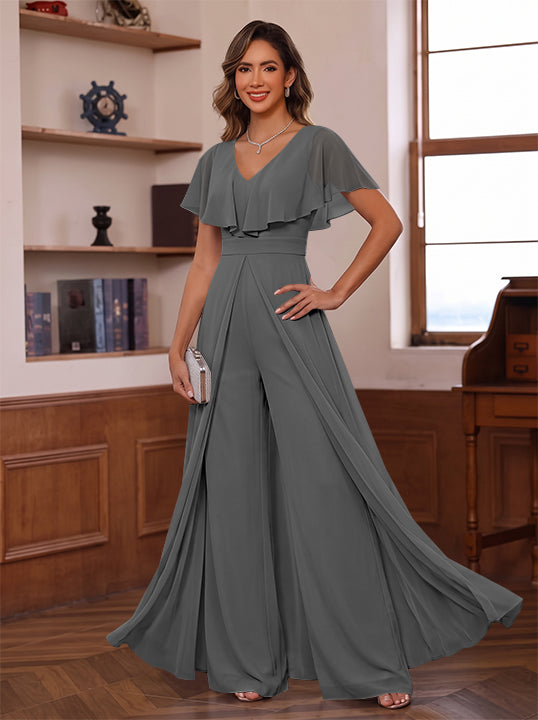 Jumpsuit V-Neck Chiffon Mother of the Bride Pantsuits with Overskirt Ruffles Floor-Length Short Sleeves