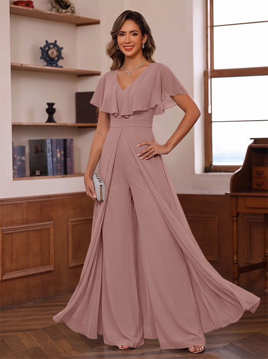 Jumpsuit V-Neck Chiffon Mother of the Bride Pantsuits with Overskirt Ruffles Floor-Length Short Sleeves