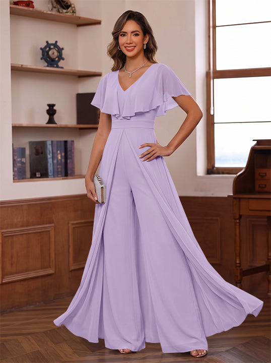Jumpsuit V-Neck Chiffon Mother of the Bride Pantsuits with Overskirt Ruffles Floor-Length Short Sleeves