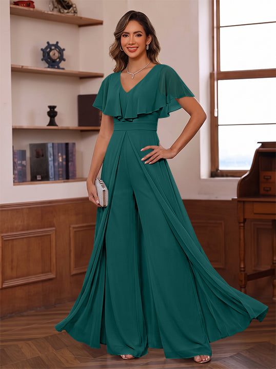 Jumpsuit V-Neck Chiffon Mother of the Bride Pantsuits with Overskirt Ruffles Floor-Length Short Sleeves