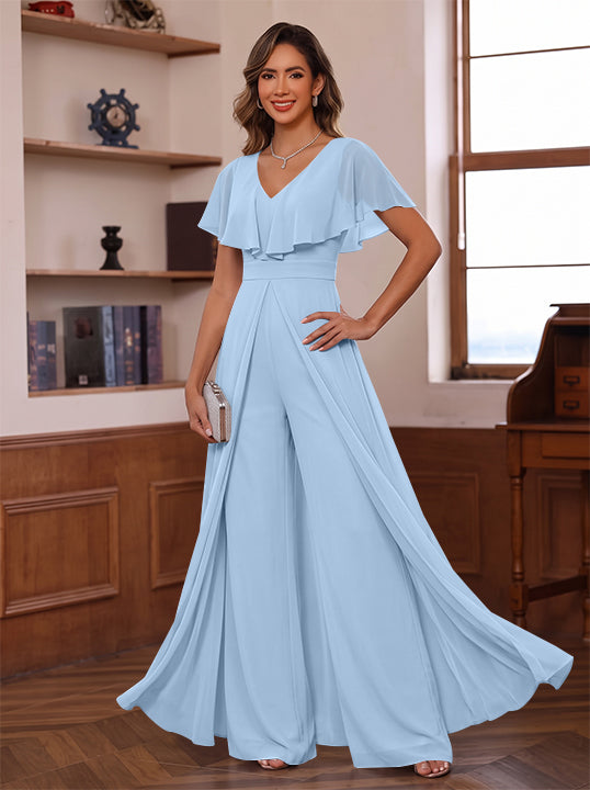 Jumpsuit V-Neck Chiffon Mother of the Bride Pantsuits with Overskirt Ruffles Floor-Length Short Sleeves