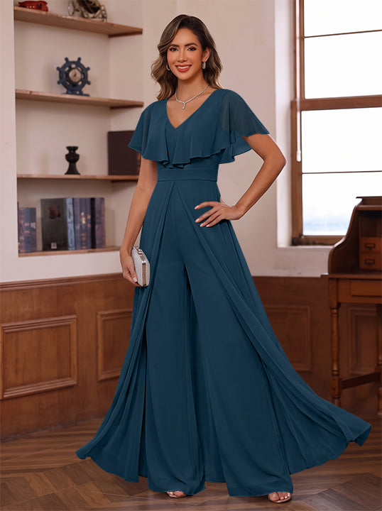 Jumpsuit V-Neck Chiffon Mother of the Bride Pantsuits with Overskirt Ruffles Floor-Length Short Sleeves
