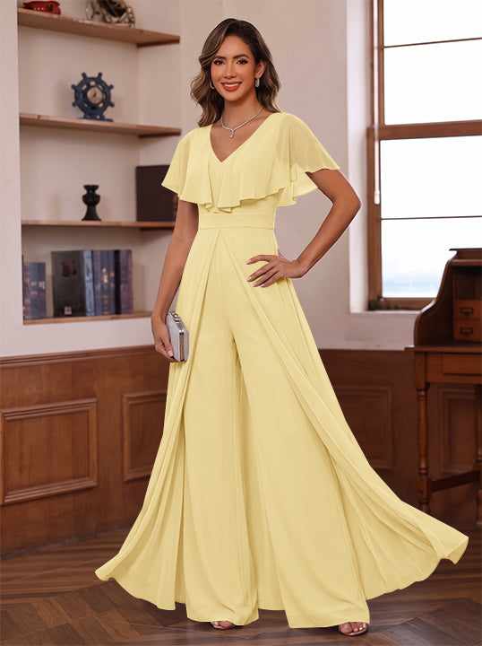 Jumpsuit V-Neck Chiffon Mother of the Bride Pantsuits with Overskirt Ruffles Floor-Length Short Sleeves