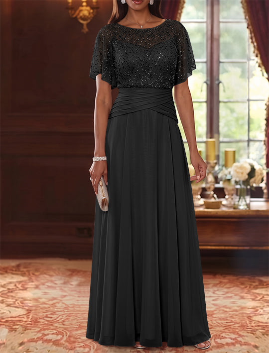 A-Line/Princess Scoop Chiffon Mother of the Bride Dresses Sequins Cape Sleeves Ruched Floor-Length