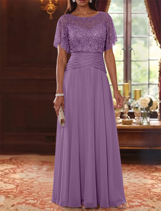 A-Line/Princess Scoop Chiffon Mother of the Bride Dresses Sequins Cape Sleeves Ruched Floor-Length