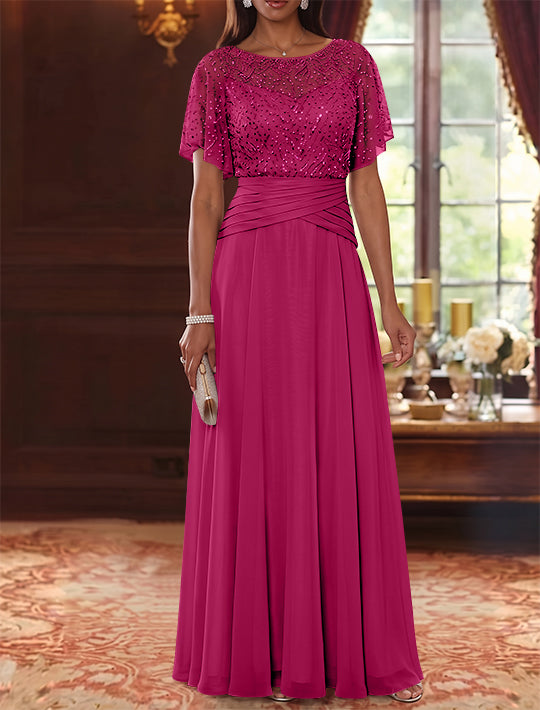 A-Line/Princess Scoop Chiffon Mother of the Bride Dresses Sequins Cape Sleeves Ruched Floor-Length