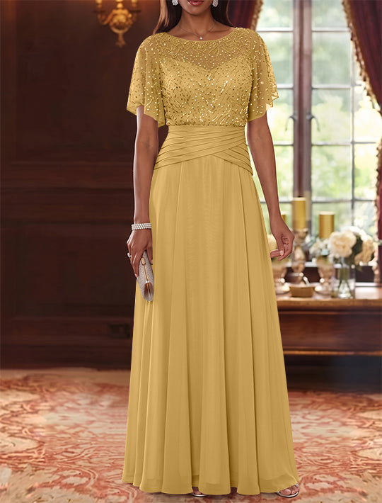 A-Line/Princess Scoop Chiffon Mother of the Bride Dresses Sequins Cape Sleeves Ruched Floor-Length
