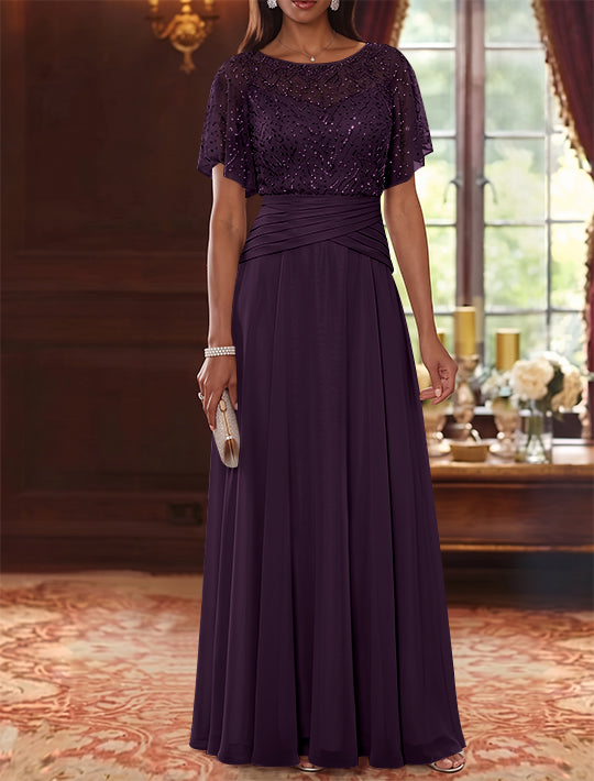 A-Line/Princess Scoop Chiffon Mother of the Bride Dresses Sequins Cape Sleeves Ruched Floor-Length