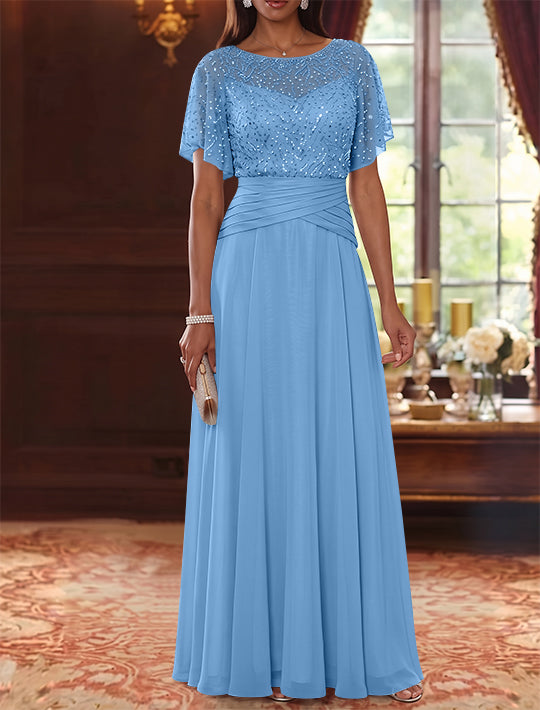 A-Line/Princess Scoop Chiffon Mother of the Bride Dresses Sequins Cape Sleeves Ruched Floor-Length