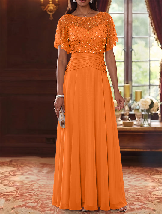 A-Line/Princess Scoop Chiffon Mother of the Bride Dresses Sequins Cape Sleeves Ruched Floor-Length