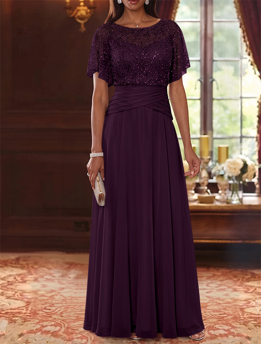A-Line/Princess Scoop Chiffon Mother of the Bride Dresses Sequins Cape Sleeves Ruched Floor-Length
