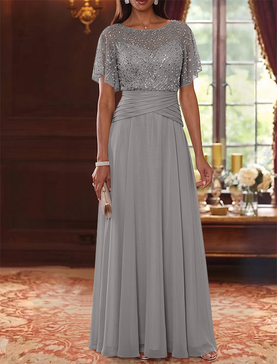 A-Line/Princess Scoop Chiffon Mother of the Bride Dresses Sequins Cape Sleeves Ruched Floor-Length