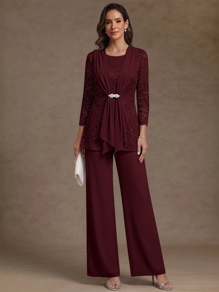 2 Pieces Scoop Chiffon Mother of the Bride Pantsuits Lace Floral 3/4 Sleeves Ankle-Length