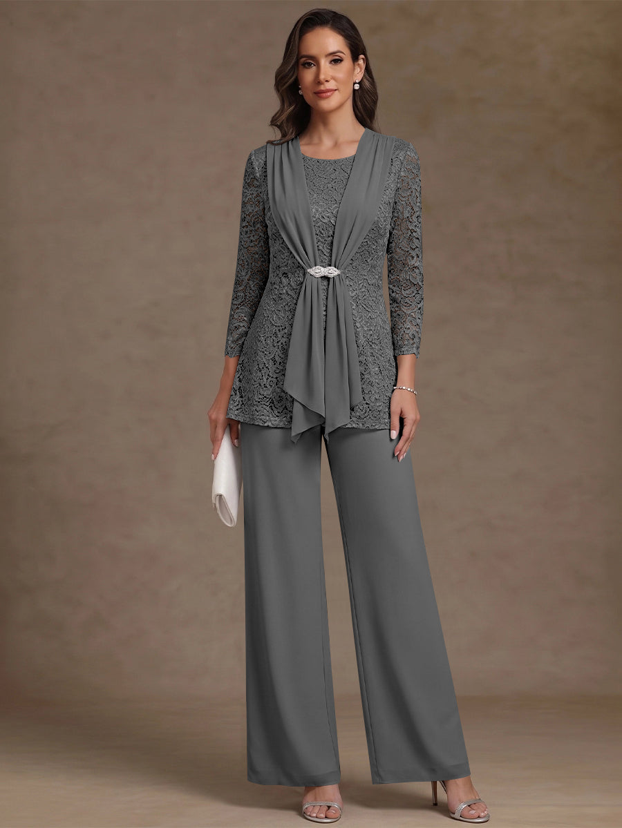2 Pieces Scoop Chiffon Mother of the Bride Pantsuits Lace Floral 3/4 Sleeves Ankle-Length