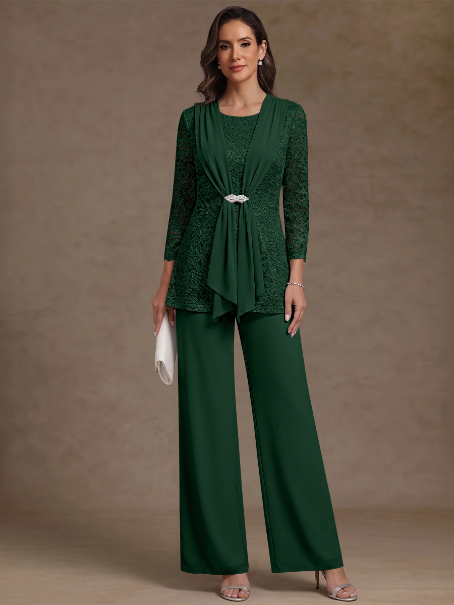 2 Pieces Scoop Chiffon Mother of the Bride Pantsuits Lace Floral 3/4 Sleeves Ankle-Length