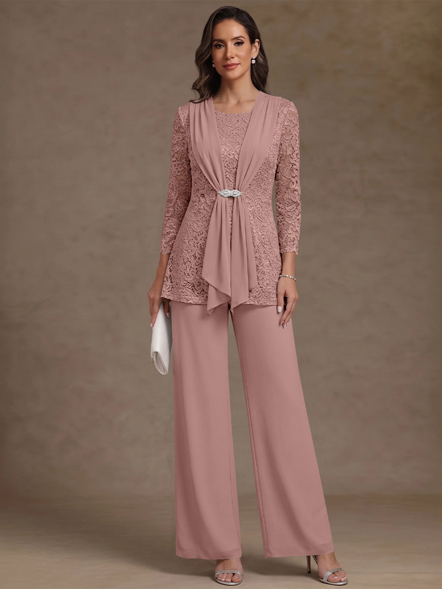 2 Pieces Scoop Chiffon Mother of the Bride Pantsuits Lace Floral 3/4 Sleeves Ankle-Length