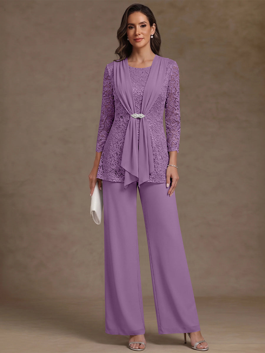 2 Pieces Scoop Chiffon Mother of the Bride Pantsuits Lace Floral 3/4 Sleeves Ankle-Length