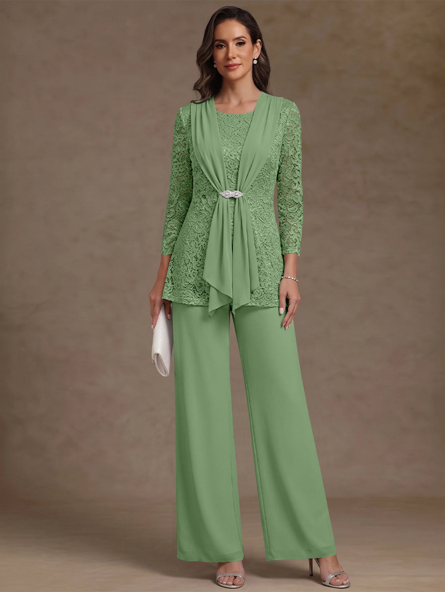 2 Pieces Scoop Chiffon Mother of the Bride Pantsuits Lace Floral 3/4 Sleeves Ankle-Length