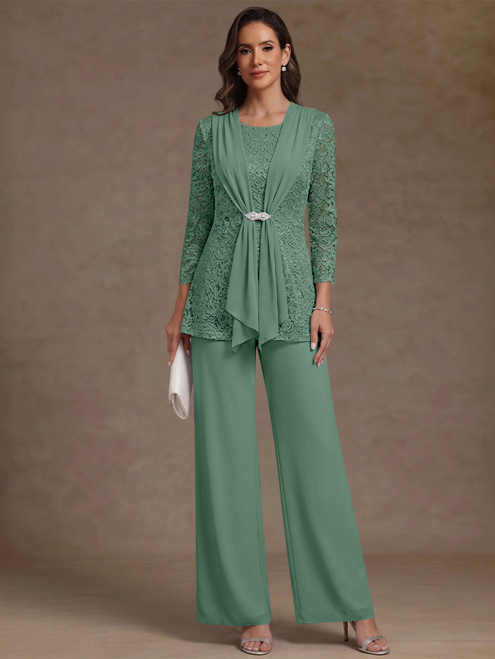 2 Pieces Scoop Chiffon Mother of the Bride Pantsuits Lace Floral 3/4 Sleeves Ankle-Length