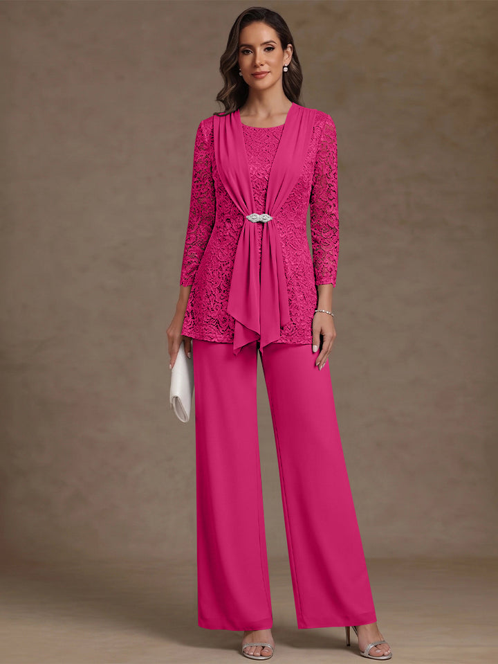 2 Pieces Scoop Chiffon Mother of the Bride Pantsuits Lace Floral 3/4 Sleeves Ankle-Length
