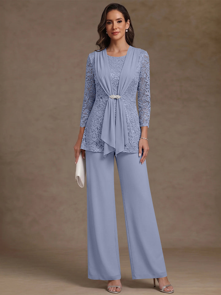 2 Pieces Scoop Chiffon Mother of the Bride Pantsuits Lace Floral 3/4 Sleeves Ankle-Length