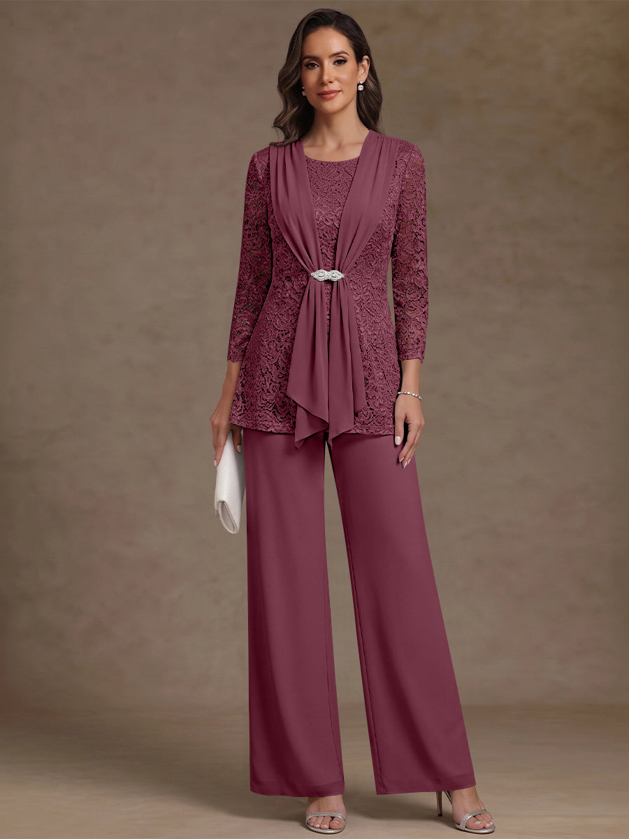 2 Pieces Scoop Chiffon Mother of the Bride Pantsuits Lace Floral 3/4 Sleeves Ankle-Length