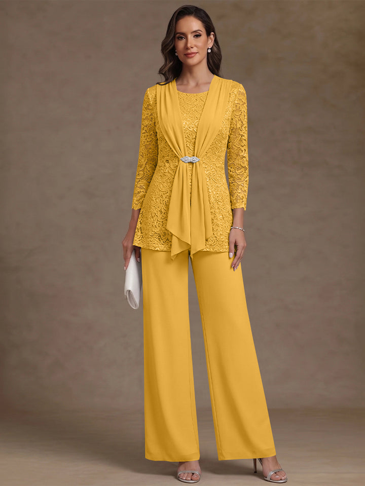 2 Pieces Scoop Chiffon Mother of the Bride Pantsuits Lace Floral 3/4 Sleeves Ankle-Length