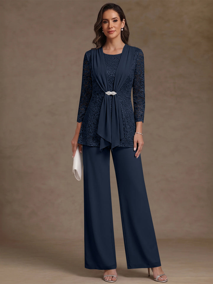 2 Pieces Scoop Chiffon Mother of the Bride Pantsuits Lace Floral 3/4 Sleeves Ankle-Length