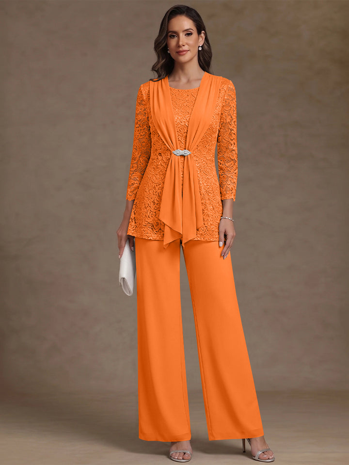 2 Pieces Scoop Chiffon Mother of the Bride Pantsuits Lace Floral 3/4 Sleeves Ankle-Length