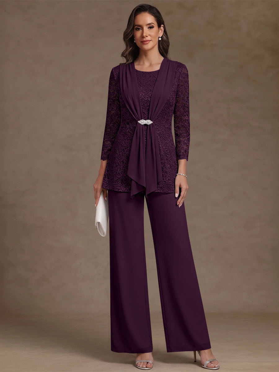 2 Pieces Scoop Chiffon Mother of the Bride Pantsuits Lace Floral 3/4 Sleeves Ankle-Length