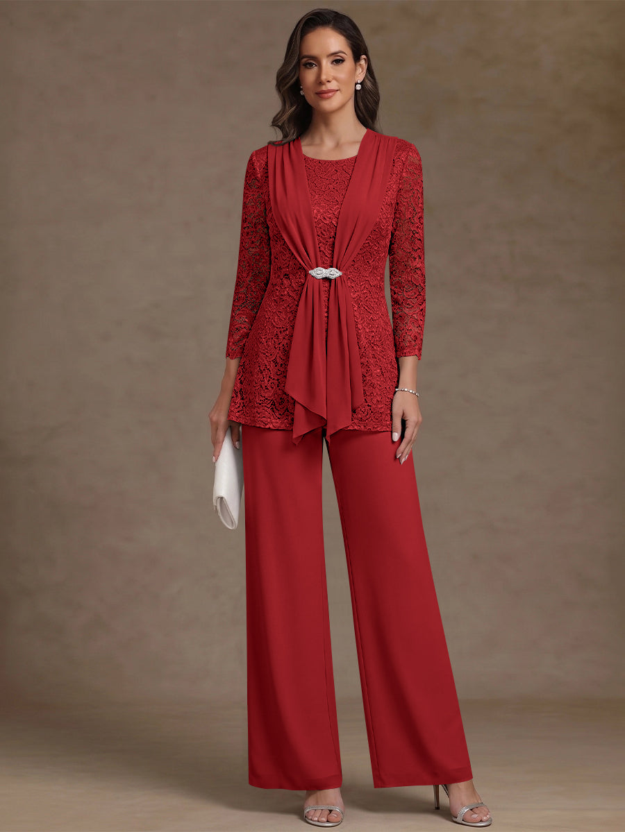 2 Pieces Scoop Chiffon Mother of the Bride Pantsuits Lace Floral 3/4 Sleeves Ankle-Length