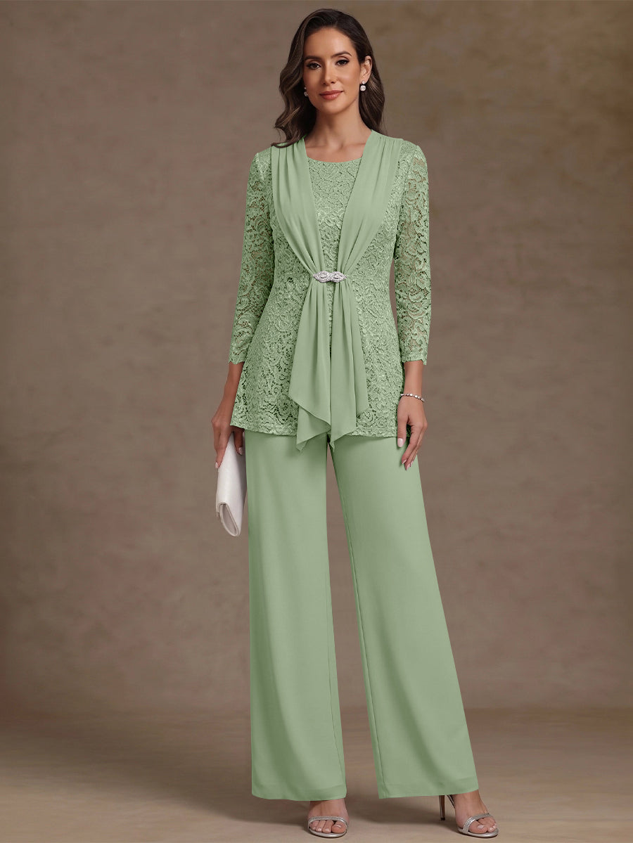 2 Pieces Scoop Chiffon Mother of the Bride Pantsuits Lace Floral 3/4 Sleeves Ankle-Length